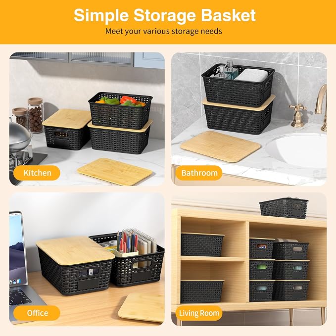 Plastic Storage Baskets with Bamboo Lids and Labels, Stackable Storage - Image 4