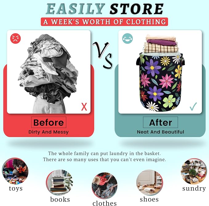 Colorful Hippie Flower Laundry Basket Art Flowers Foldable Funny Laundry Hamper - Image 3