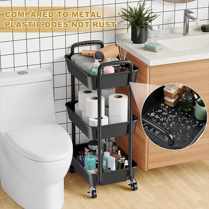 3 Tier Rolling Cart with Wheels, Small Utility Storage Trolley - Image 5