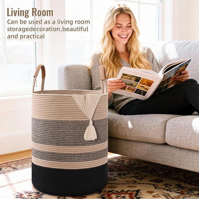 60L Striped Laundry Basket, Woven Cotton Rope Storage Bin - Image 3
