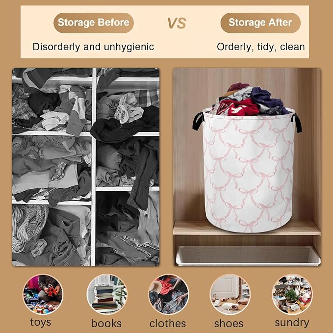 Cute Pink Bows Collapsible Laundry Baskets, Laundry Hamper, Storage Basket - Image 5