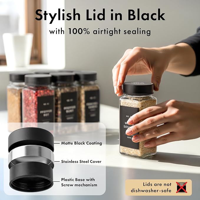 Glass Spice Jars with Label and Black Lids Spice Containers with 240 Labels - Image 6