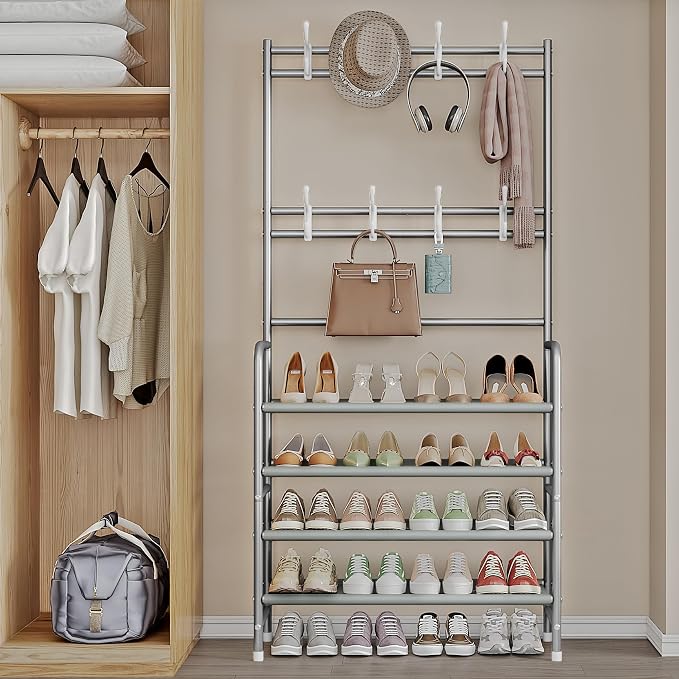 Coat Rack Shoe Rack With Storage Shelf Freestanding with 8 Hooks - Image 4