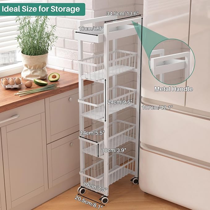 5-Tier Slim Storage Cart with Pull Out Basket, Lockable Wheels, Mobile Utility - Image 2