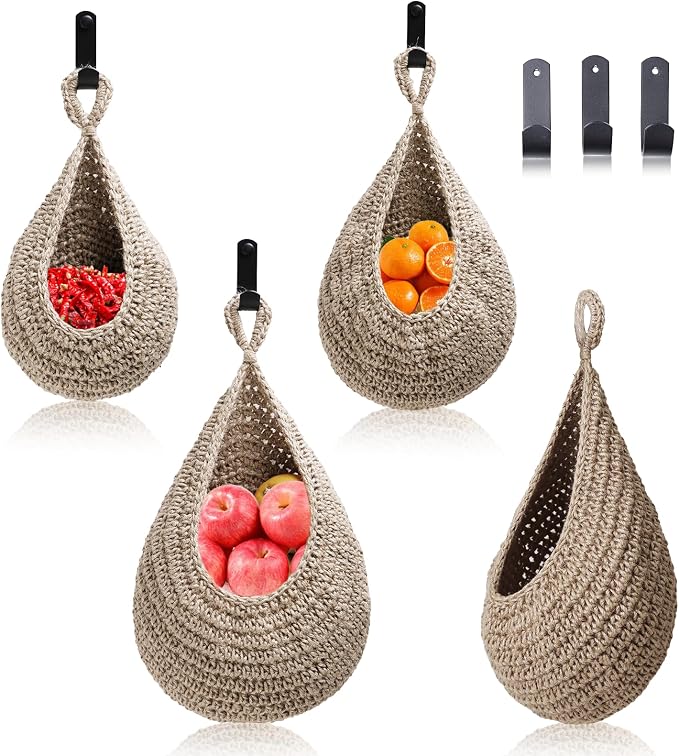 Hanging Fruit Basket Set of 3, Boho Wall Hanging Storage Basket by MKOSHUN