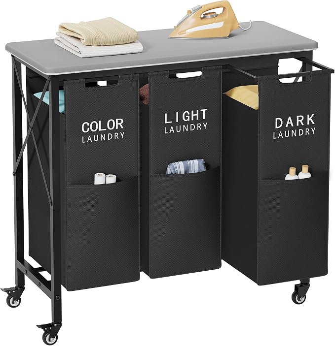 3 Section Laundry Sorter with Ironing Board, Laundry Hamper with Removable Bags by Gewudraw