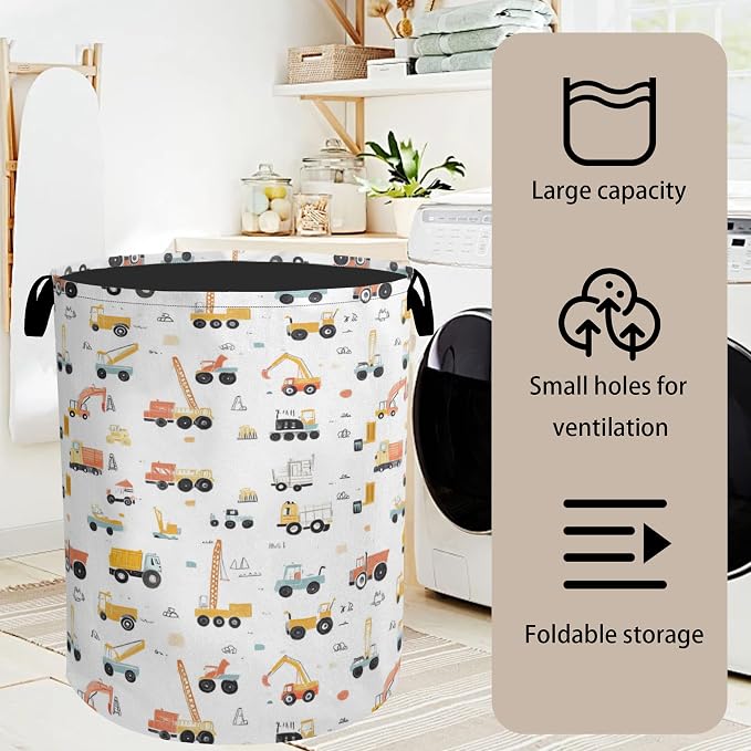 Cartoon Construction Vehicle Foldable Canvas Laundry Basket - Image 7