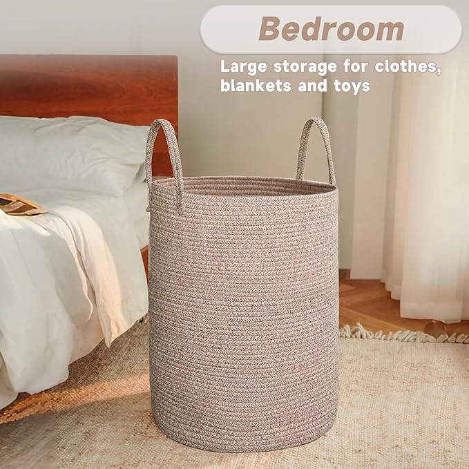 Large Woven Laundry Basket Hamper, 100L Cotton Rope Storage Bin - Image 4