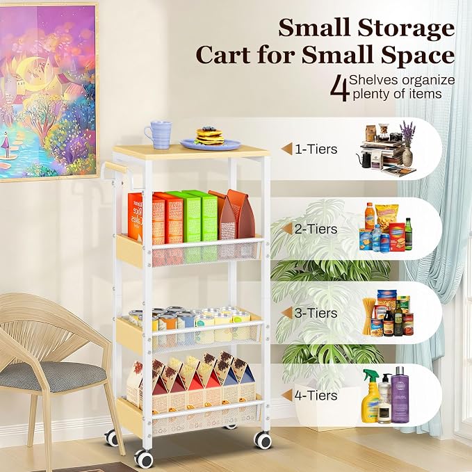 Utility 4 Tier Rolling Cart for Small Spaces, Slim Storage Cart - Image 5