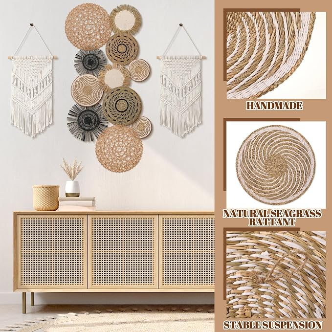 Tatuo 11 Pcs Boho Wall Basket Decor Decorative Bulrush Woven Basket Wall Decor - Image 4