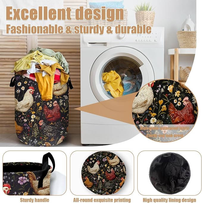 Retro Rooster Flower Laundry Basket, Chicken Laundry Hamper Tote Bag Dirty - Image 4