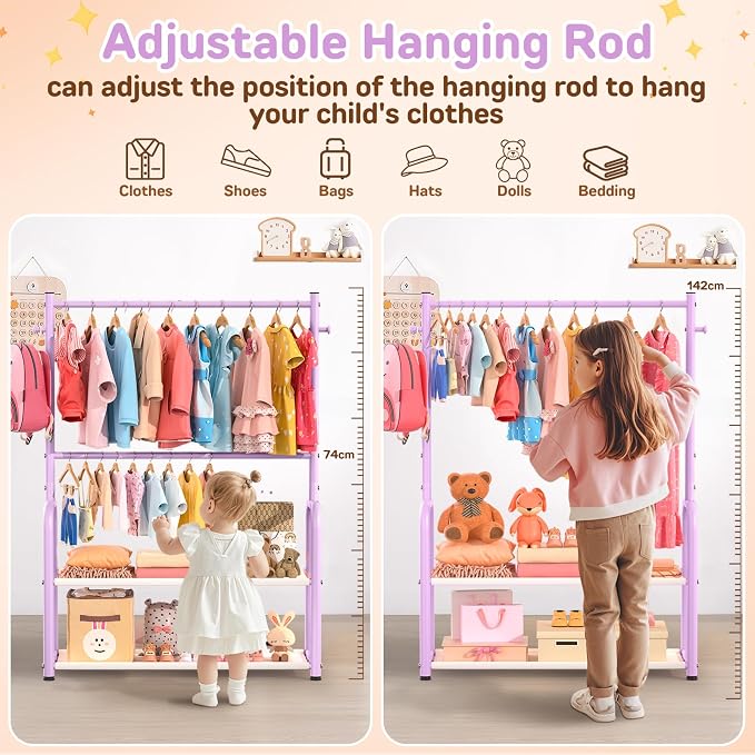 Kids Clothes Rack with 2 Tier Storage Racks and 2 Adjustable Hanging Poles - Image 3