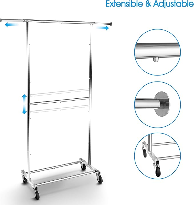 Simple Trending Double Rod Clothing Garment Rack, Rolling Clothes Organizer on - Image 4