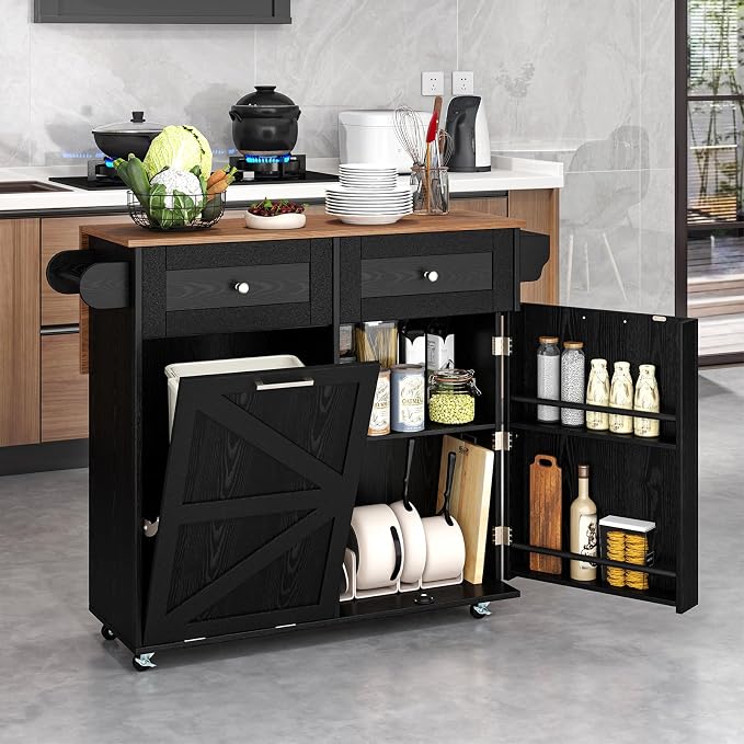 Rolling Kitchen Island with Trash Can Storage Cabinet, Drop Leaf Breakfast Bar by SILKYDRY