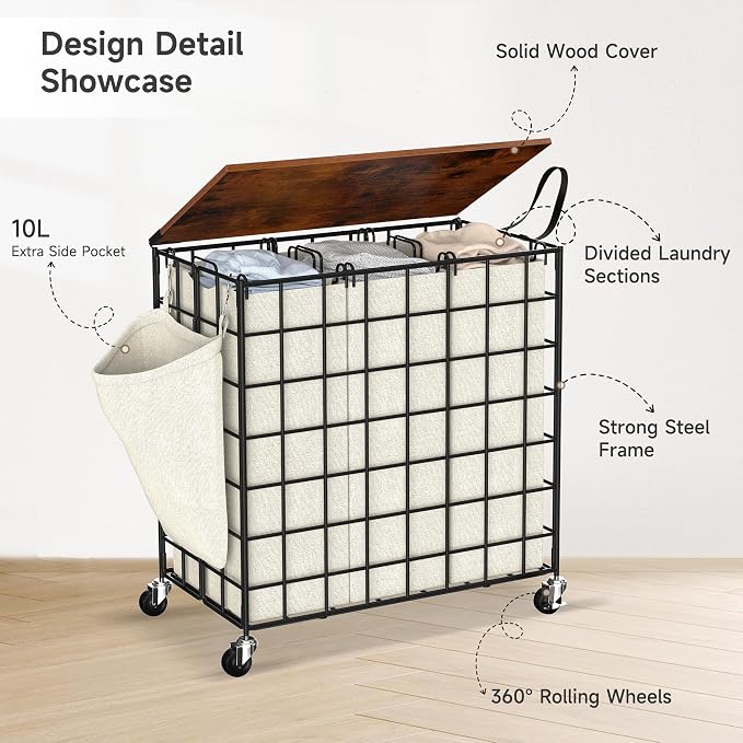 Laundry Basket with Wheels, Heavy Duty Laundry Sorter 3 Sections, 140L Large - Image 4