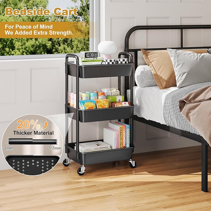 3 Tier Rolling Cart with Wheels, Small Utility Storage Trolley - Image 9