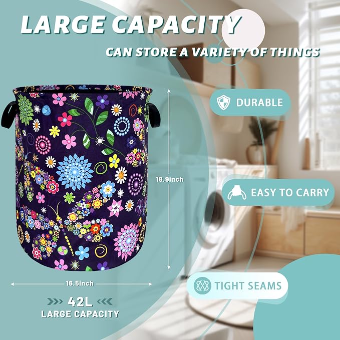Colorful Hippie Flowers Dargonfly Laundry Basket Foldable Oxford Cloth Laundry - Image 2