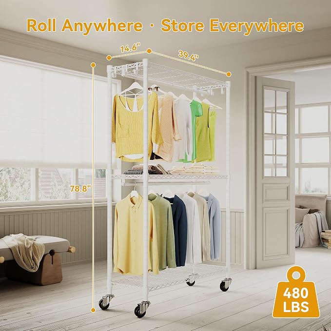 Rolling Garment Rack with Wheels, Heavy Duty Clothing Rack - Image 4