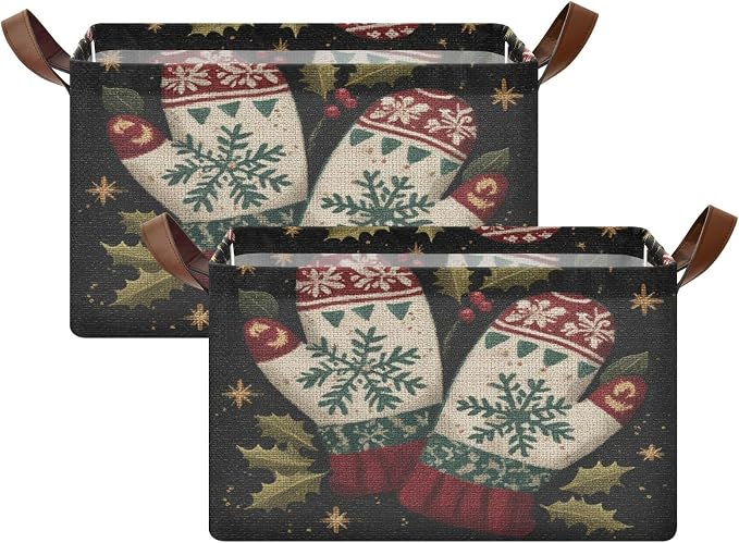 Christmas Gloves Holly Black Print Storage Bins - Image 2