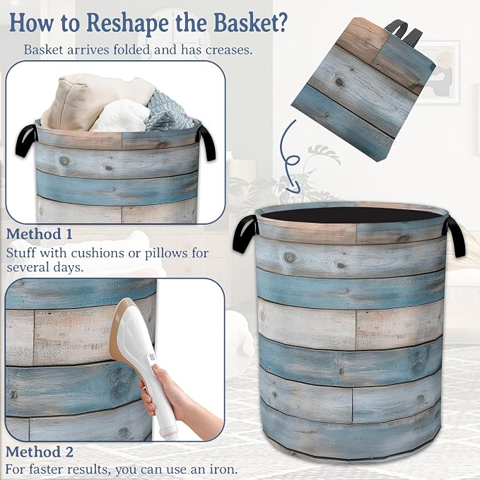 Rustic Wood Grain Laundry Basket, Foldable Waterproof Oxford Cloth Tote Bag - Image 6