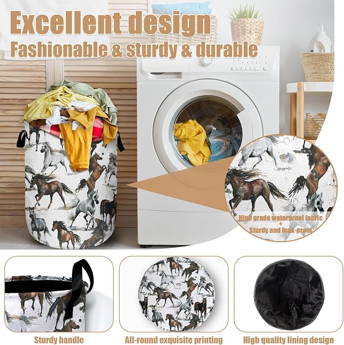 Watercolor Horse Laundry Basket, Foldable Waterproof Laundry Hamper Tote Bag - Image 4