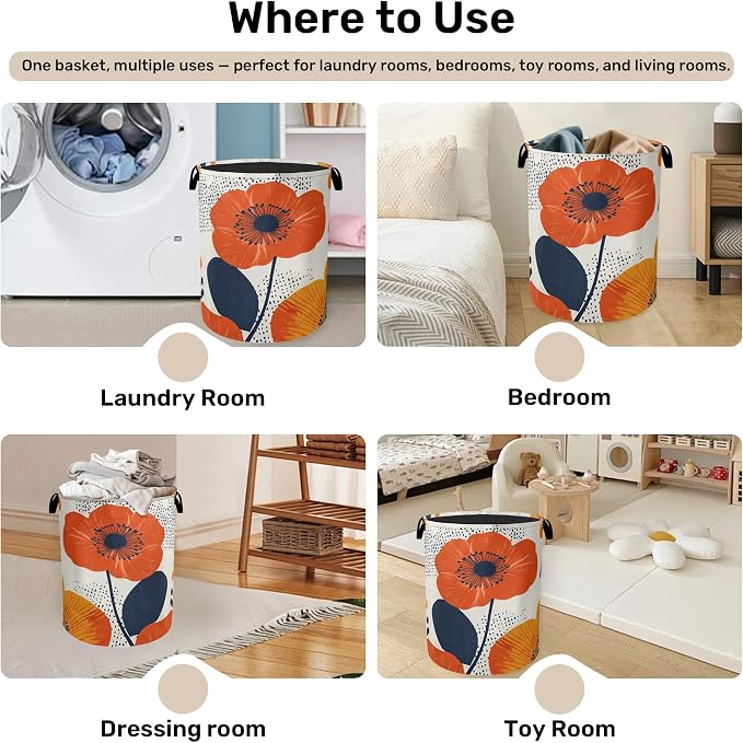 Modern Minimalist Red Flowers Foldable Canvas Laundry Basket - Image 4