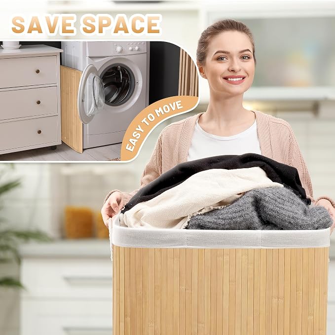 150L Laundry Hamper with lid, 3-Section Clothes Laundry Basket with Handles - Image 9