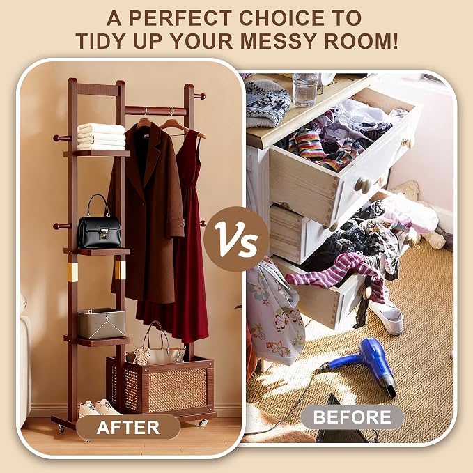 Solid Wood Clothes Rack with Wheels, Freestanding Coat Rack with 4 Shelves - Image 5