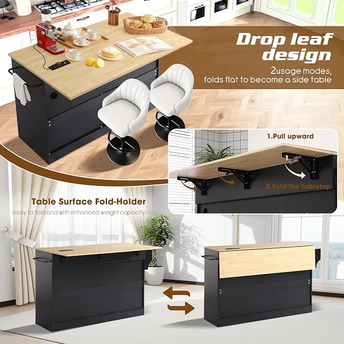 60" Kitchen Island with Power Outlet & Drop Leaf, Rolling Kitchen Island Table - Image 6