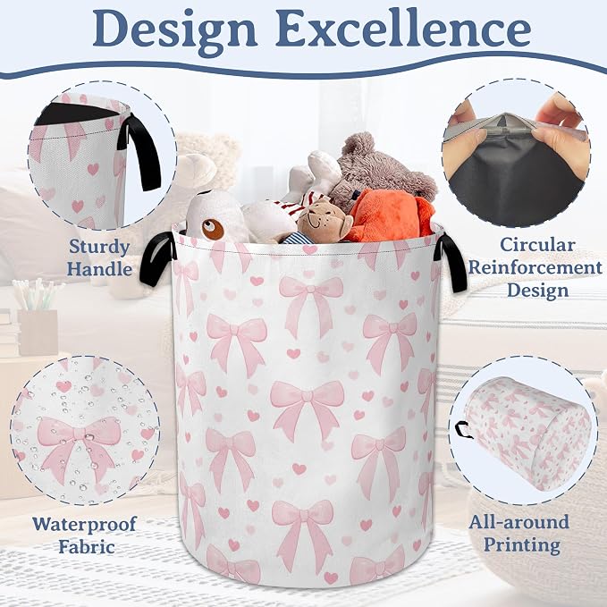 Cute Pink Bow Laundry Basket, Foldable Oxford Cloth Heart Laundry Hamper - Image 4