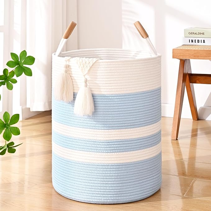 60L Striped Laundry Basket, Woven Cotton Rope Storage Bin by Degeyoyo