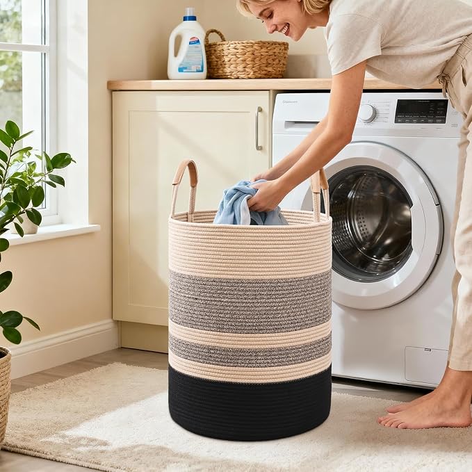 60L Striped Laundry Basket, Woven Cotton Rope Storage Bin - Image 2