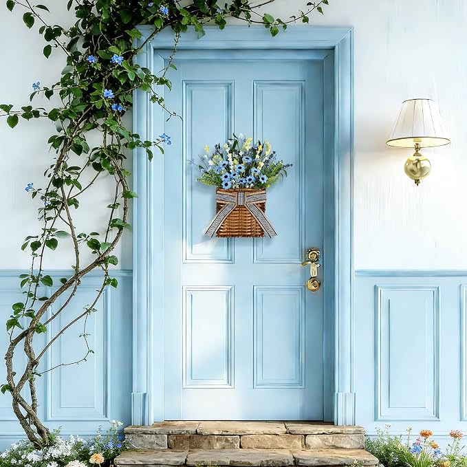 Spring Hanger Basket Wreath for Front Door 15" Blue Daisy Basket Artificial - Image 6