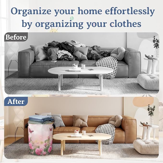 Butterfly Laundry Basket, Oxford Cloth Pink Rose Laundry Hamper - Image 5