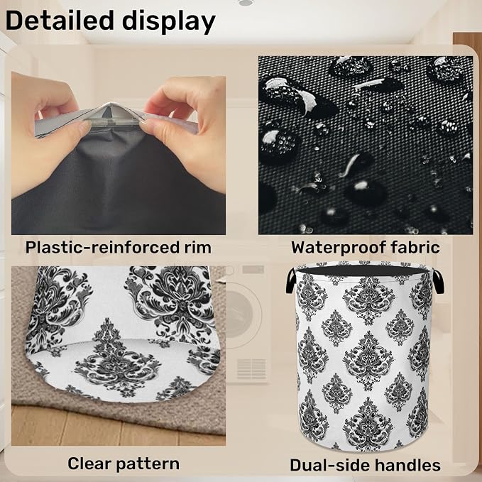 Black White Damask Flower Foldable Laundry Hamper - Image 5