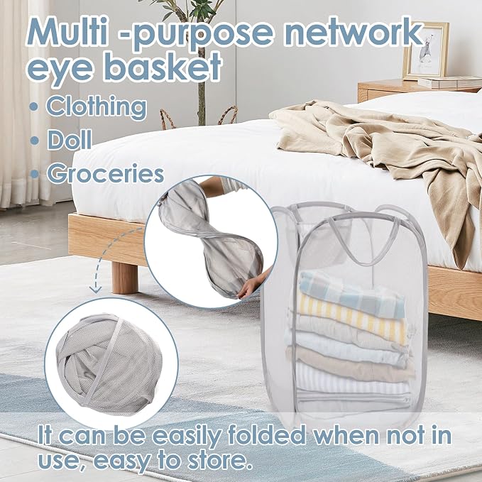 Foldable Pop Up Laundry Hamper – Set of 2 Collapsible Mesh Baskets - Image 6