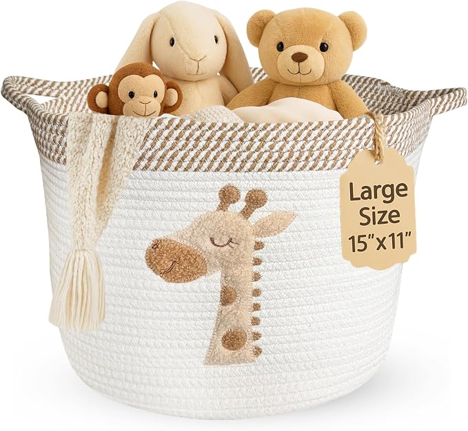 Giraffe Storage Basket for Nursery – Large 15”x11” Cotton Rope Bin by KeminaBlankets