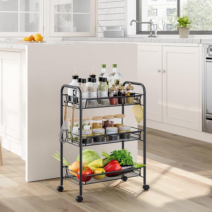 Metal Rolling Utility Cart, 3-Tier Mesh Wire Storage Trolley - Image 2