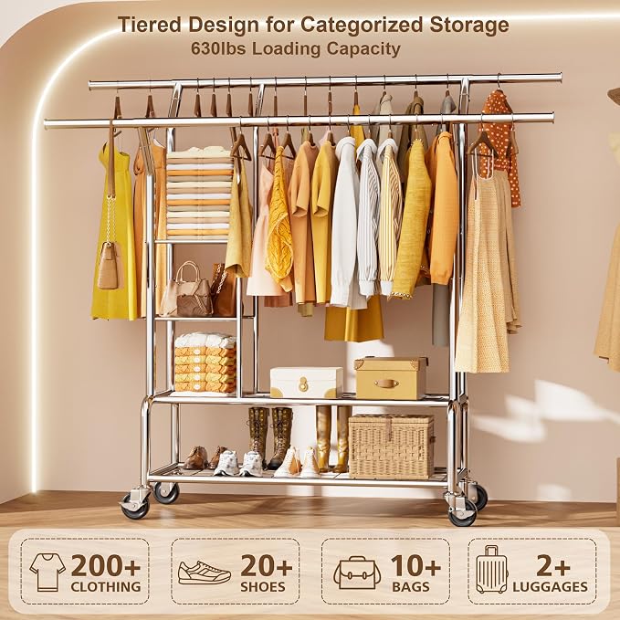 Clothes Rack With Storage Shelf, Heavy Duty Rolling Clothing Rack - Image 2