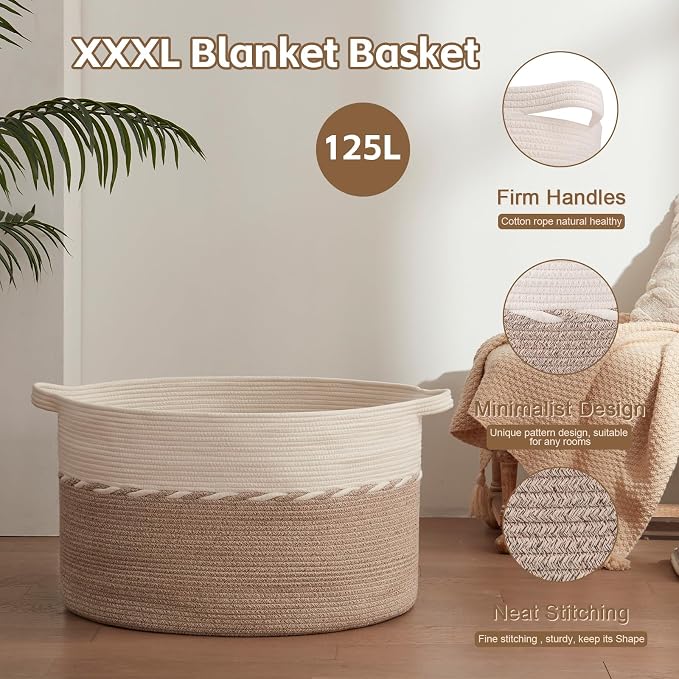 OIAHOMY 87L Extra Large Blanket Basket, Jumbo Laundry Hamper, Cotton Rope Basket - Image 5