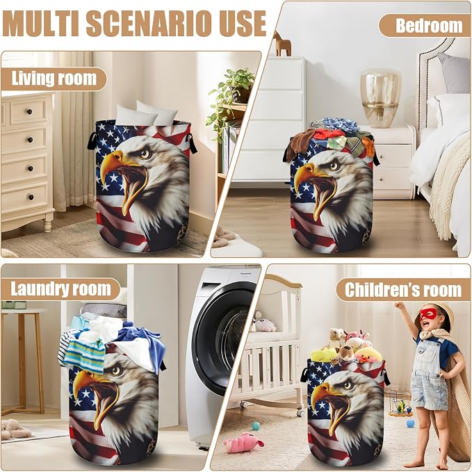 Usa Flag Eagle Laundry Basket, Foldable Waterproof Laundry Hamper Tote Bag - Image 7
