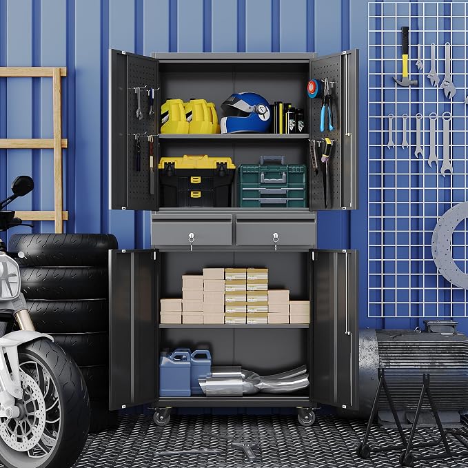 Garage Storage Cabinet with Wheels and 2 Drawers, Assembly Required - Image 9