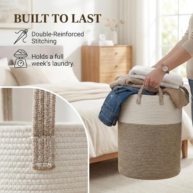 Large Woven Laundry Basket Hamper, 100L Cotton Rope Storage Bin - Image 6