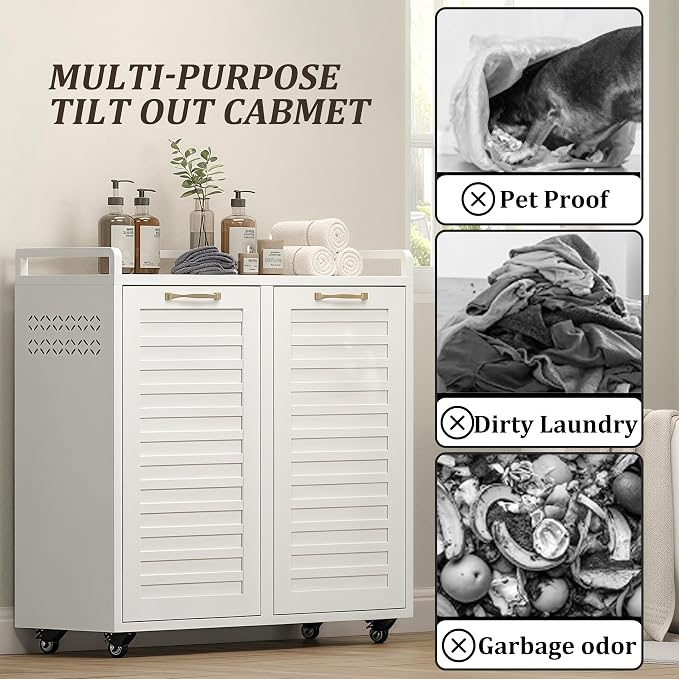 100L Dual Laundry Hamper with Wheels, Metal Rolling Laundry Cabinet with 2 - Image 5