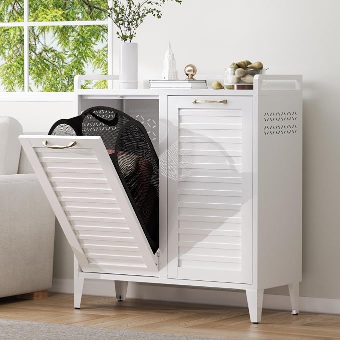 100L Dual Laundry Hamper Cabinet, 2-Section Metal Laundry Sorter - Image 7
