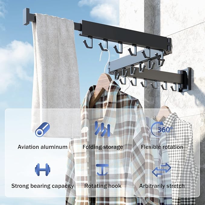 Clothes Drying Rack for Laundry, Wall Mounted Clothes Hanger Rack, Retractable - Image 9