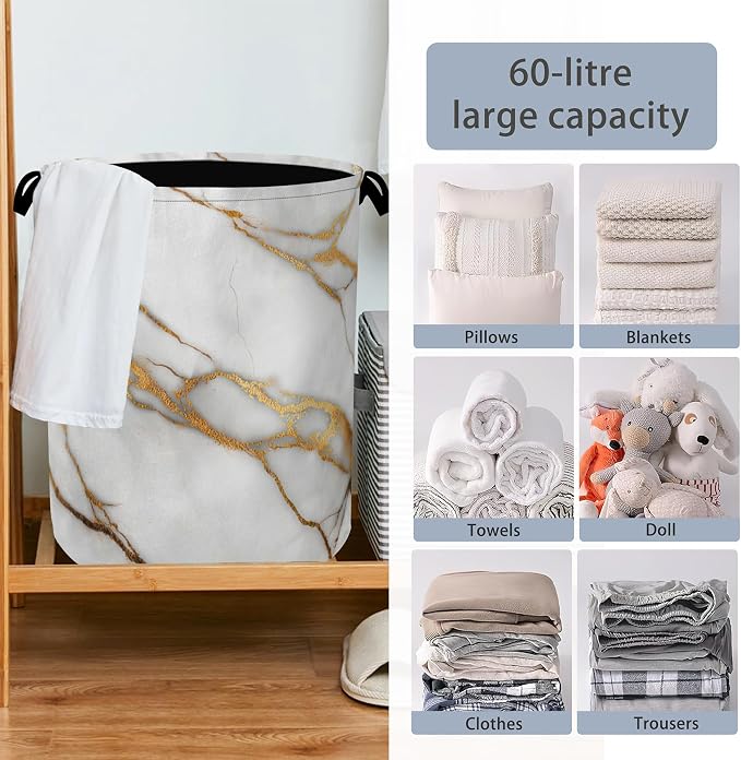 White Gold Marble Laundry Basket, Oxford Cloth Laundry Hamper - Image 6