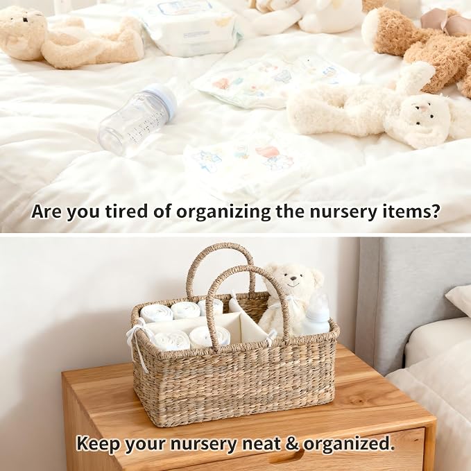 Premium Wicker Baby Diaper Caddy Organizer, Woven Seagrass Basket - Image 2