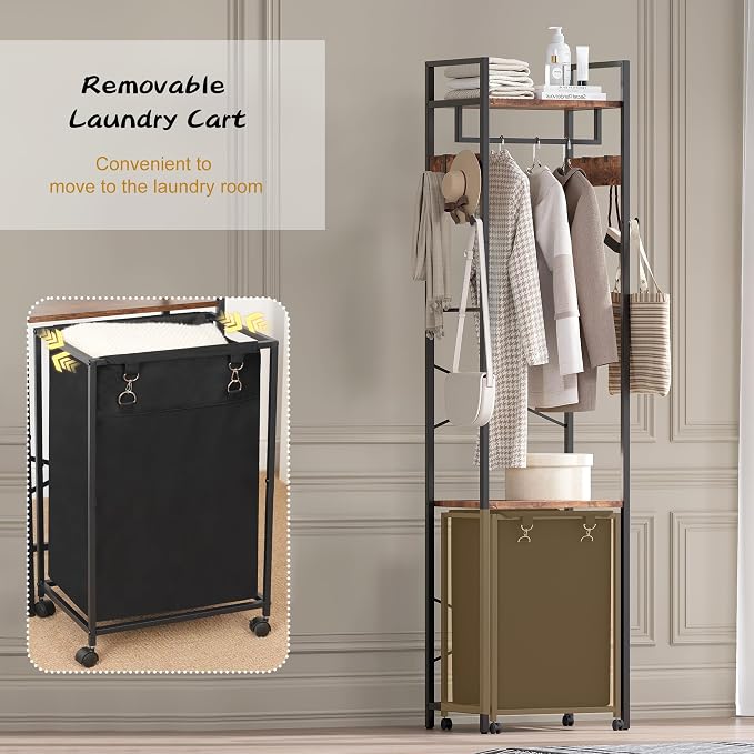 Coat Rack with Laundry Basket, Laundry Hamper Freestanding Hall Tree, Clothes - Image 3