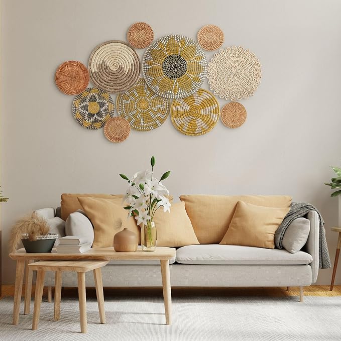 Tatuo 11 Pcs Boho Wall Basket Decor Decorative Bulrush Woven Basket Wall Decor - Image 2